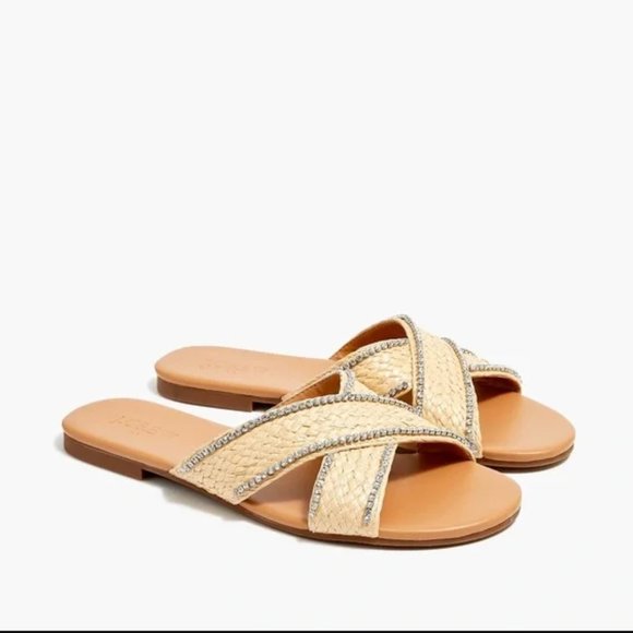 J. Crew Factory Shoes - J Crew Raffia Crisscross Slide Sandals with Rhinestone Lining Size 9 NEW